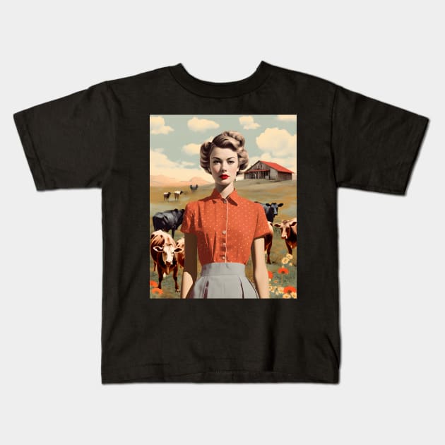 Vintage Farm Girl Pin Up Collage - Retro Chic Art Print Kids T-Shirt by The Whimsical Homestead